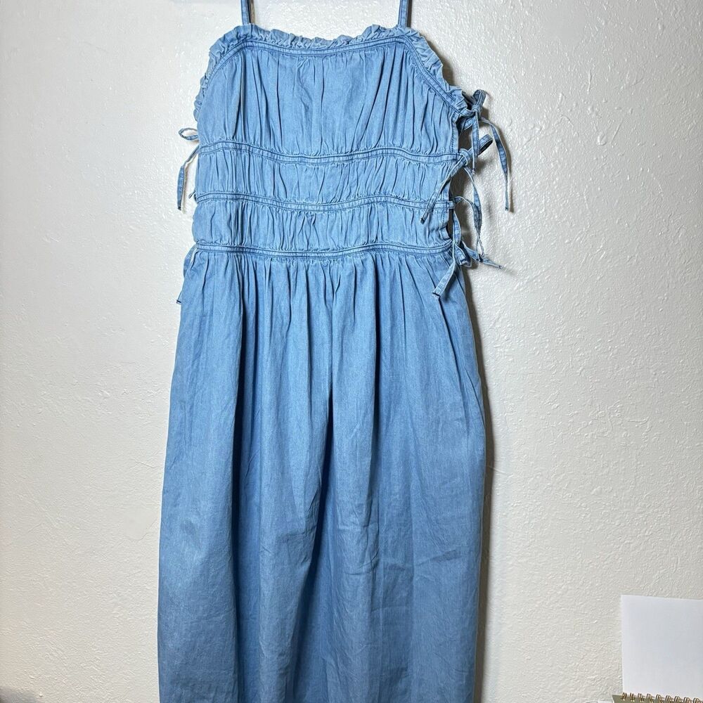 Luna Skies 100% Cotton Smoked Midi Dress Blue Large Made In India NEW